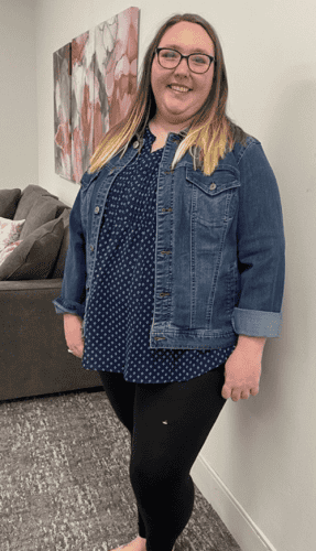 After: Terri learns how to shop for flattering clothes and makeup that shows her pretty warm coloring